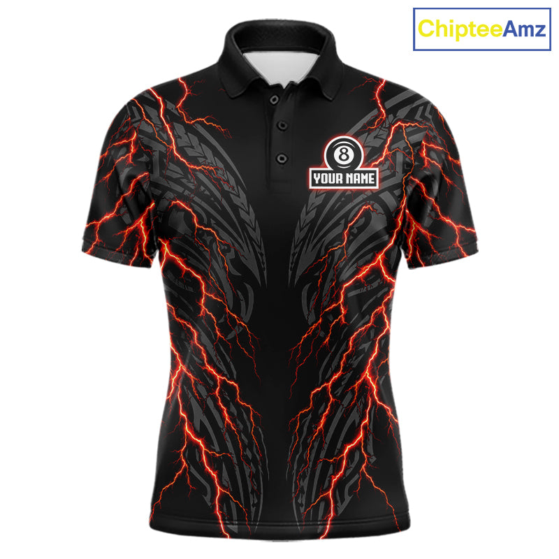 Thunder Lightning Tribal 8 Ball men's billiard polo shirt custom pool jersey, personalized billiards team apparel, tournament uniform