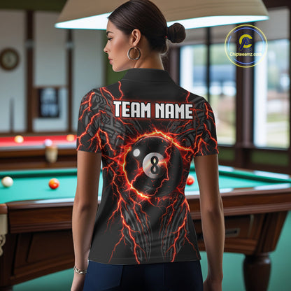 Female pool player wearing Thunder Lightning Tribal 8 Ball billiard jersey during competitive tournament play