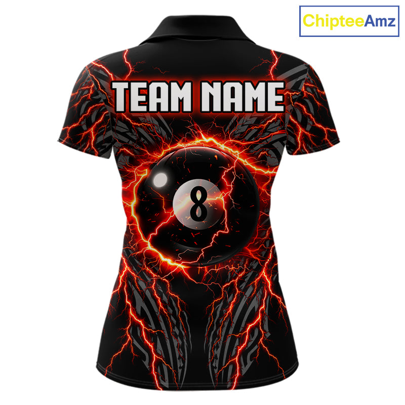 Thunder Lightning Tribal 8 Ball women's billiard polo shirt custom pool jersey, personalized billiards team apparel, tournament uniform