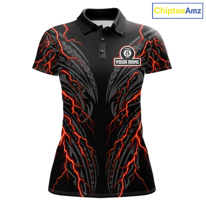 Thunder Lightning Tribal 8 Ball women's billiard polo shirt custom pool jersey, personalized billiards team apparel, tournament uniform