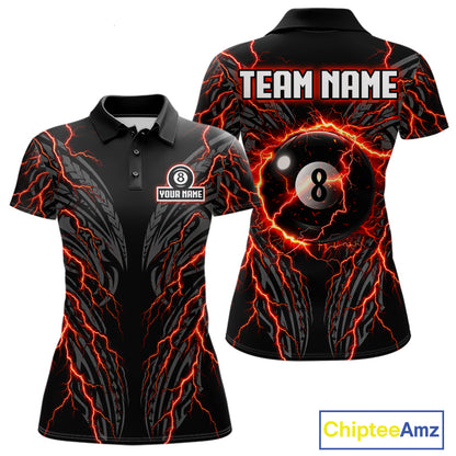 Thunder Lightning Tribal 8 Ball women's billiard polo shirt custom pool jersey, personalized billiards team apparel, tournament uniform