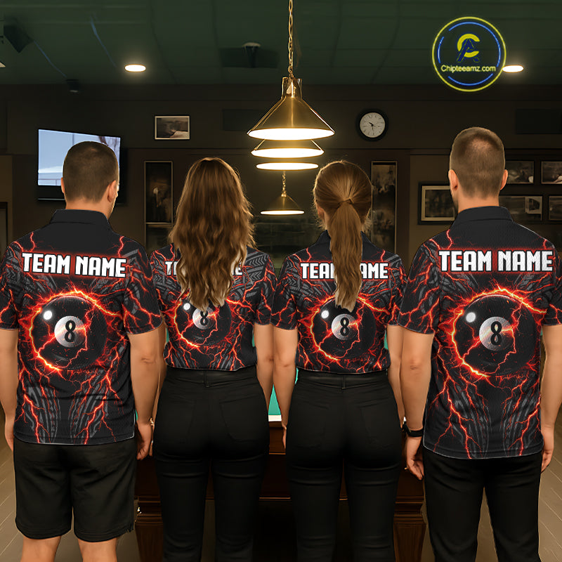 Men women billiard team wearing Thunder Lightning Tribal 8 Ball custom pool uniforms, professional team jerseys