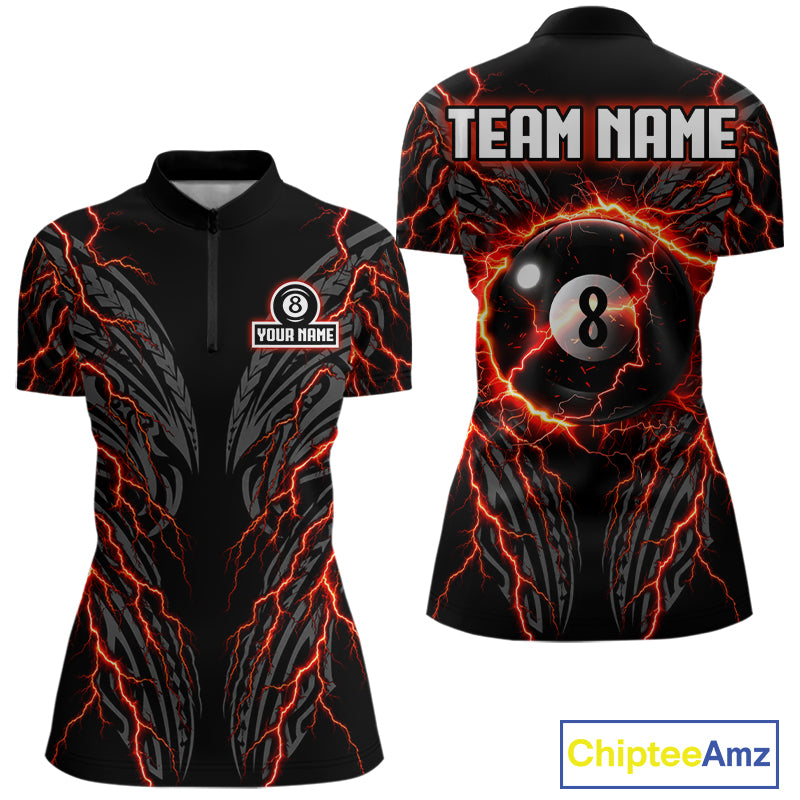 Thunder Lightning Tribal 8 Ball women's quarter zip billiard shirt custom cue sports team jersey, league apparel