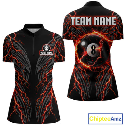 Thunder Lightning Tribal 8 Ball women's quarter zip billiard shirt custom cue sports team jersey, league apparel
