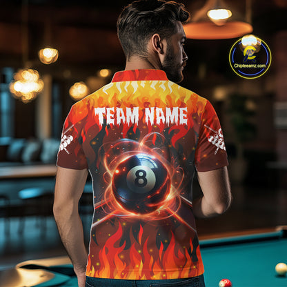 Back view of man wearing a red 8 ball fire flame pool shirt in a billiards hall.