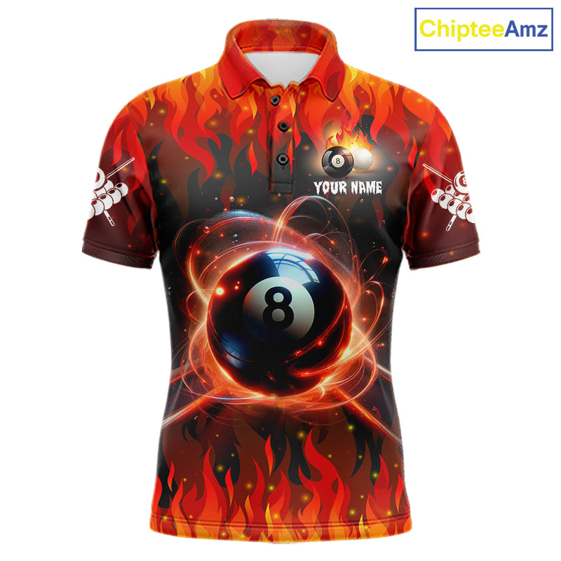 Red 8 ball fire flame billiard polo shirt for men with custom pool team graphics.