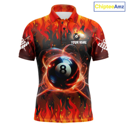 Red 8 ball fire flame billiard polo shirt for men with custom pool team graphics.