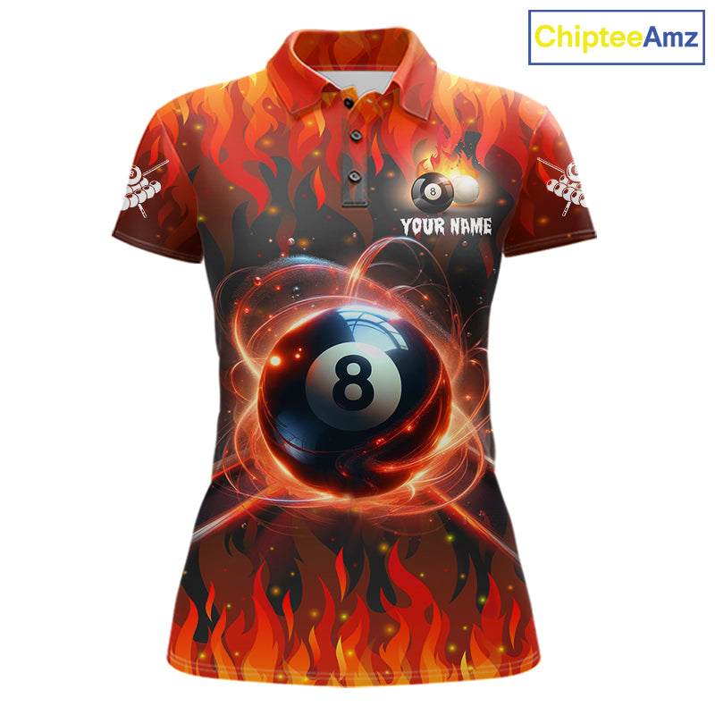 Red 8 ball fire flame billiard polo shirt for women with custom pool team graphics.