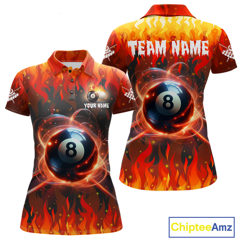 Red 8 ball fire flame billiard polo shirt for women with custom pool team graphics.