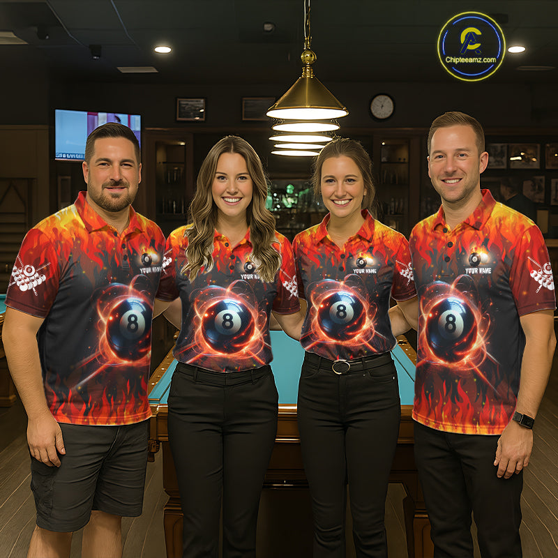 Pool team wearing matching red 8 ball fire flame billiard jerseys during tournament competition front view.