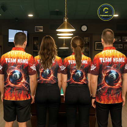 Back view of pool players wearing matching red fire flame billiard shirts in a game room.