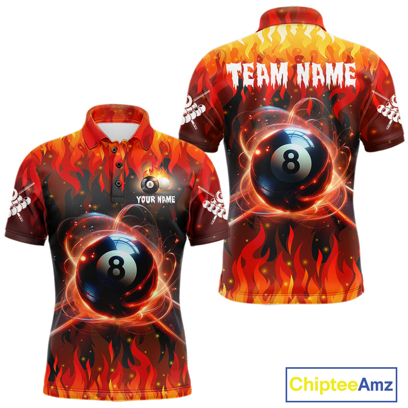 Red 8 ball fire flame billiard polo shirt for men with custom pool team graphics.
