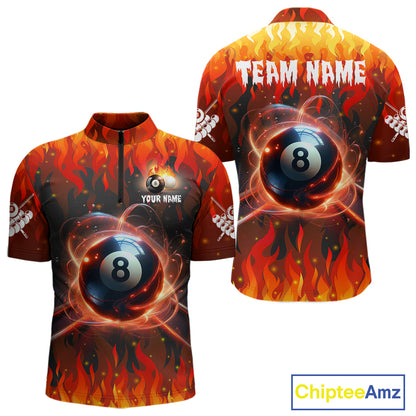 Red 8 ball fire flame billiard quarter zip shirt for men designed for league tournaments and team events.