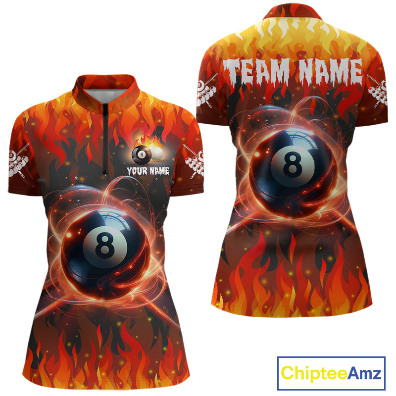 Red 8 ball fire flame billiard quarter zip shirt for women designed for league tournaments and team events.