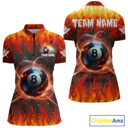 Red 8 ball fire flame billiard quarter zip shirt for women designed for league tournaments and team events.