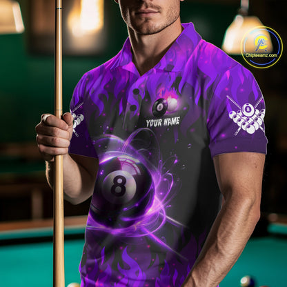 Man wearing a purple 8 ball fire flame billiard jersey beside a pool table front view.