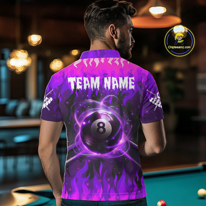 Back view of man wearing a purple 8 ball fire flame pool shirt in a billiards hall.