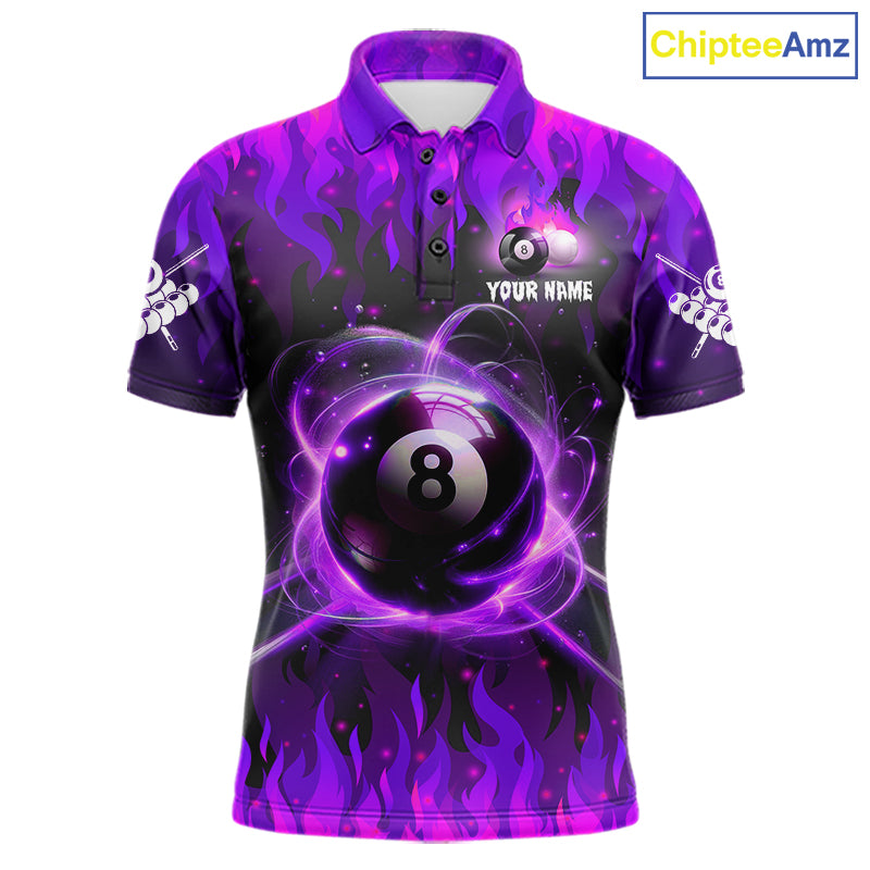 Purple 8 ball fire flame billiard polo shirt for men with custom pool team graphics.