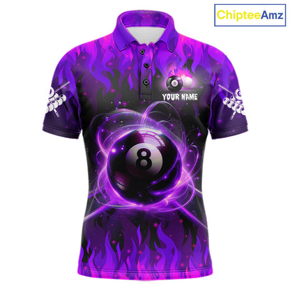 Purple 8 ball fire flame billiard polo shirt for men with custom pool team graphics.