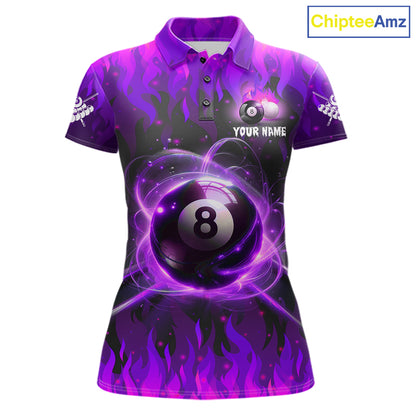 Purple 8 ball fire flame billiard polo shirt for women with custom pool team graphics.