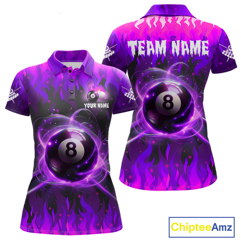 Purple 8 ball fire flame billiard polo shirt for women with custom pool team graphics.