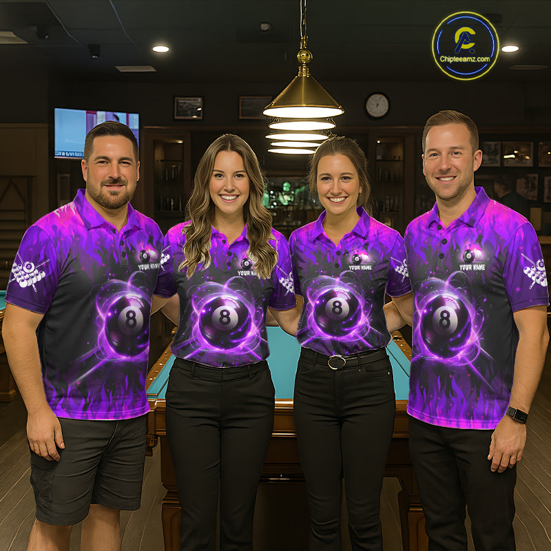 Pool team wearing matching purple 8 ball fire flame billiard jerseys during tournament competition front view.