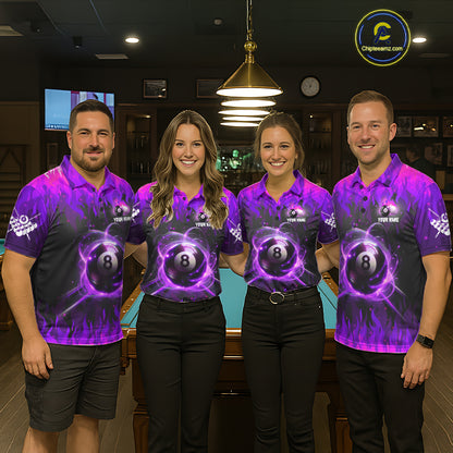Pool team wearing matching purple 8 ball fire flame billiard jerseys during tournament competition front view.