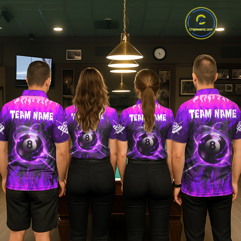 Back view of pool players wearing matching purple fire flame billiard shirts in a game room