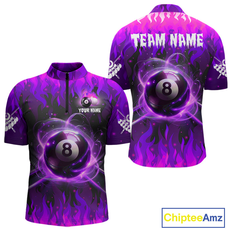 Purple 8 ball fire flame billiard quarter zip shirt for men designed for league tournaments and team events.
