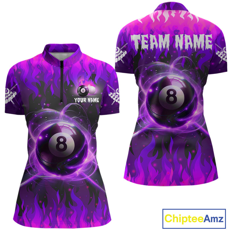 Purple 8 ball fire flame billiard quarter zip shirt for women designed for league tournaments and team events.