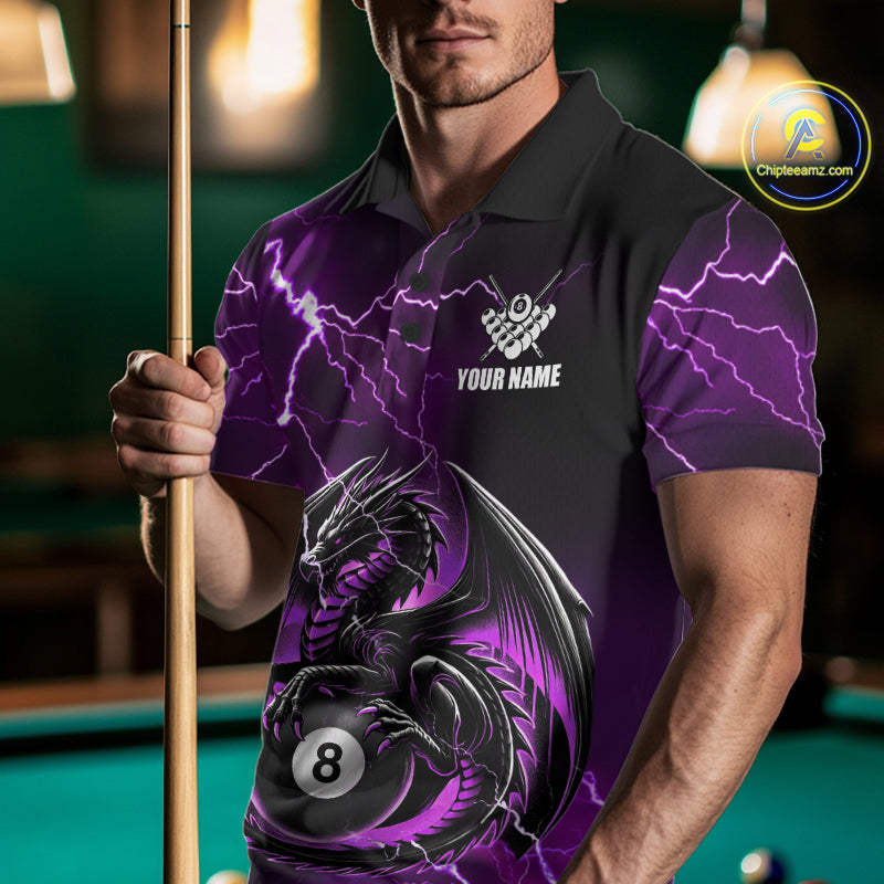 Man wearing a purple thunder lightning dragon 8 ball billiard jersey beside a pool table front view.