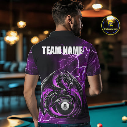 Back view of man wearing a purple thunder lightning dragon 8 ball pool shirt in a billiards hall.