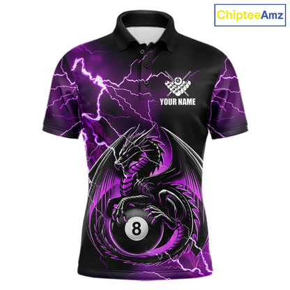 Purple thunder lightning dragon 8 ball billiard polo shirt for men with custom pool team graphics.
