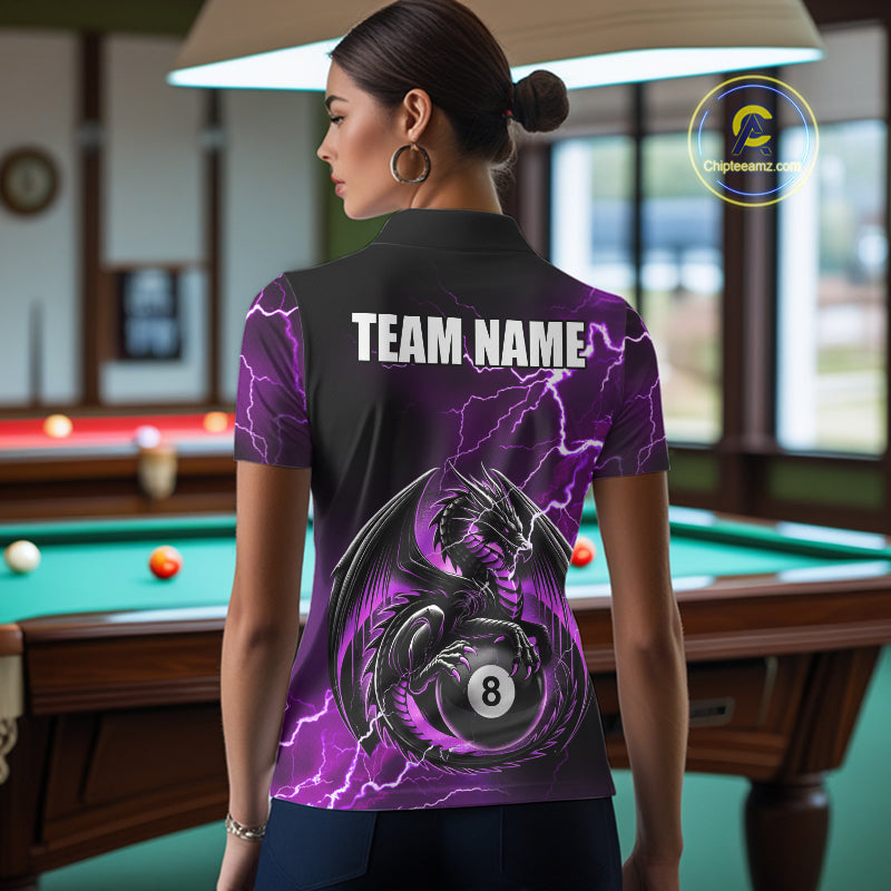 Back view of woman wearing a purple thunder lightning dragon 8 ball pool shirt in a billiards hall.
