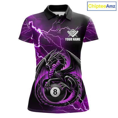 Purple thunder lightning dragon 8 ball billiard polo shirt for women with custom pool team graphics.