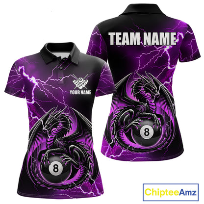 Purple thunder lightning dragon 8 ball billiard quarter zip shirt for women designed for league tournaments and team events.