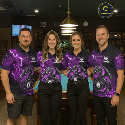 Pool team wearing matching purple thunder lightning dragon 8 ball billiard jerseys during tournament competition front view.