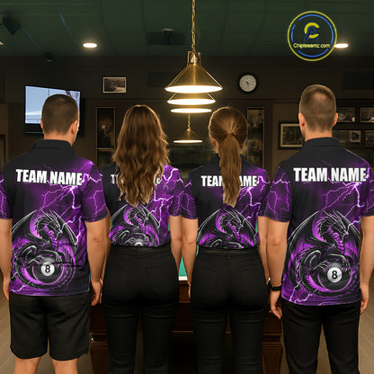 Back view of pool players wearing matching purple thunder lightning dragon billiard shirts in a game room.