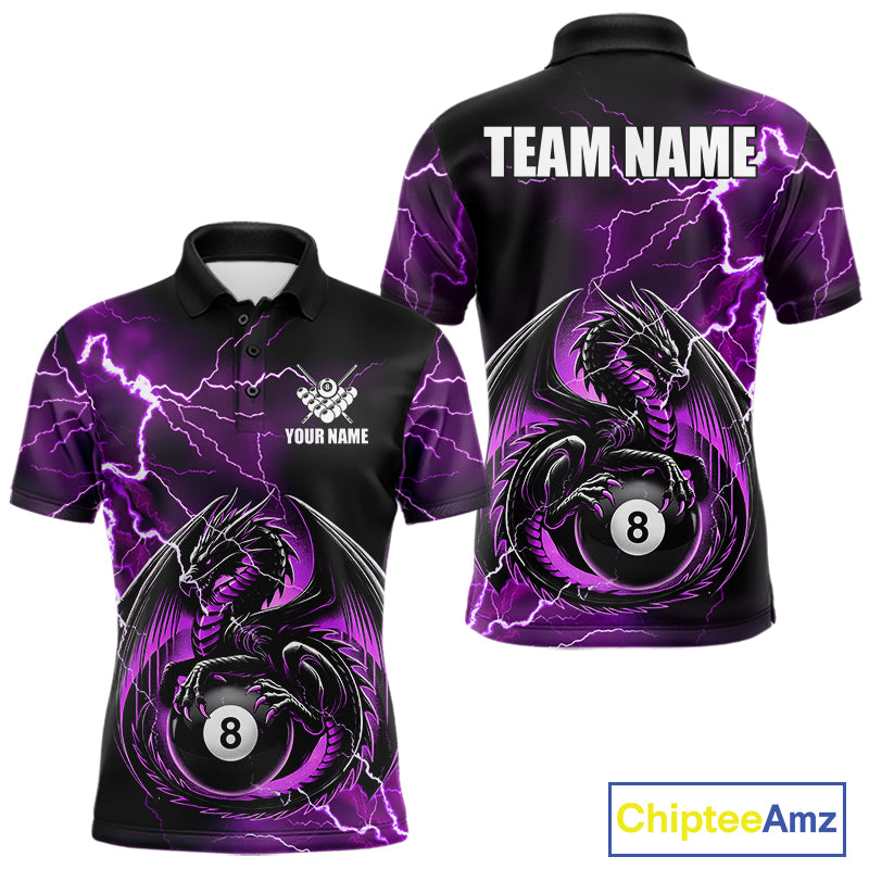 Purple thunder lightning dragon 8 ball billiard polo shirt for men with custom pool team graphics.