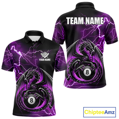 Purple thunder lightning dragon 8 ball billiard polo shirt for men with custom pool team graphics.