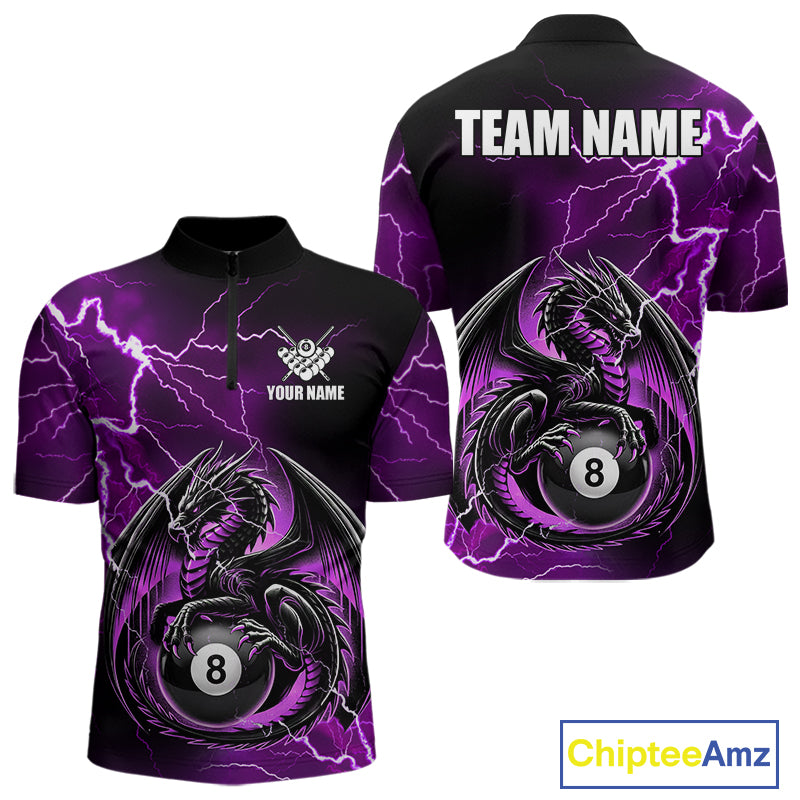 Purple thunder lightning dragon 8 ball billiard quarter zip shirt for men designed for league tournaments and team events.
