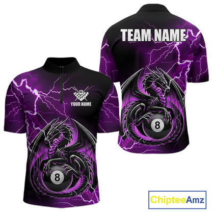 Purple thunder lightning dragon 8 ball billiard quarter zip shirt for men designed for league tournaments and team events.