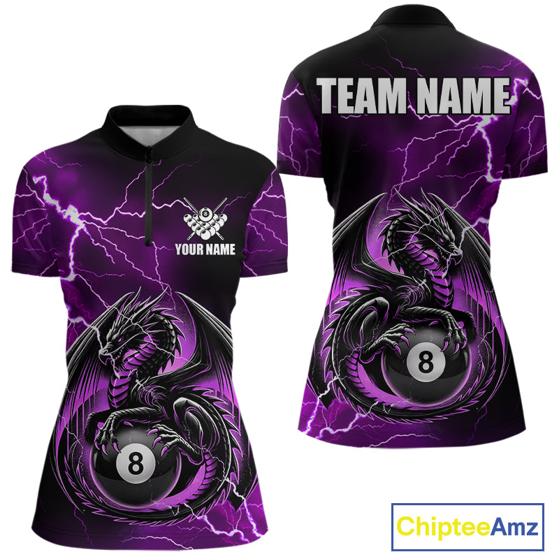 Purple thunder lightning dragon 8 ball billiard polo shirt for women with custom pool team graphics.