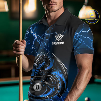 Man wearing a blue thunder lightning dragon 8 ball billiard jersey beside a pool table front view.