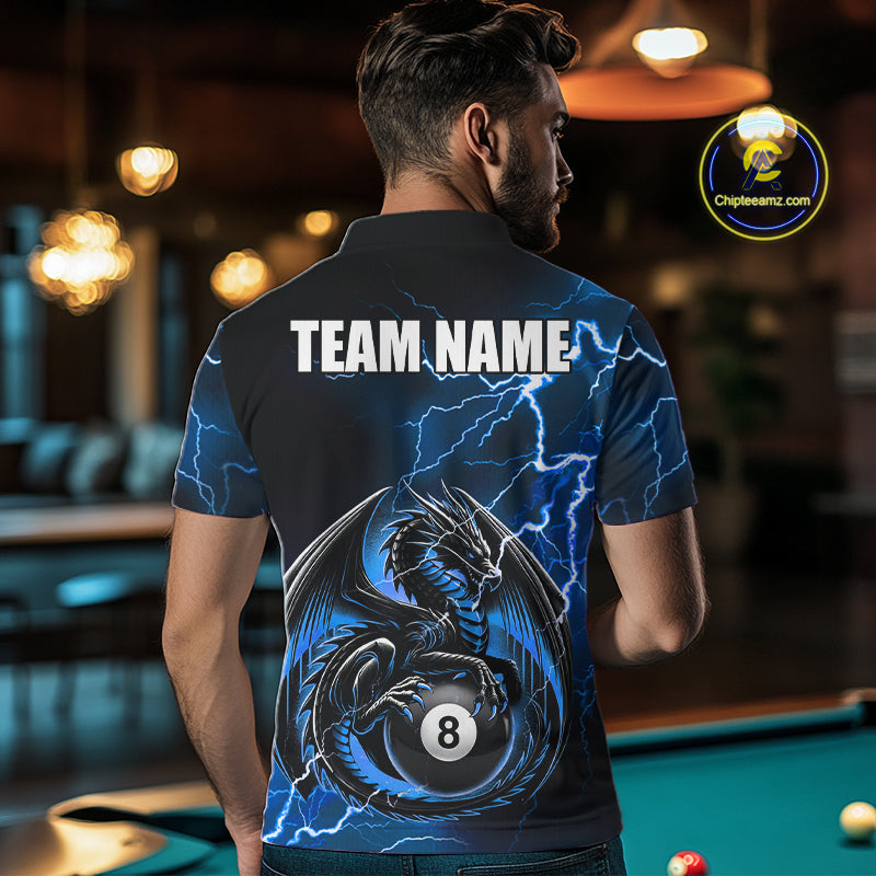 Back view of man wearing a blue thunder lightning dragon 8 ball and 9 ball pool shirt in a billiards hall.