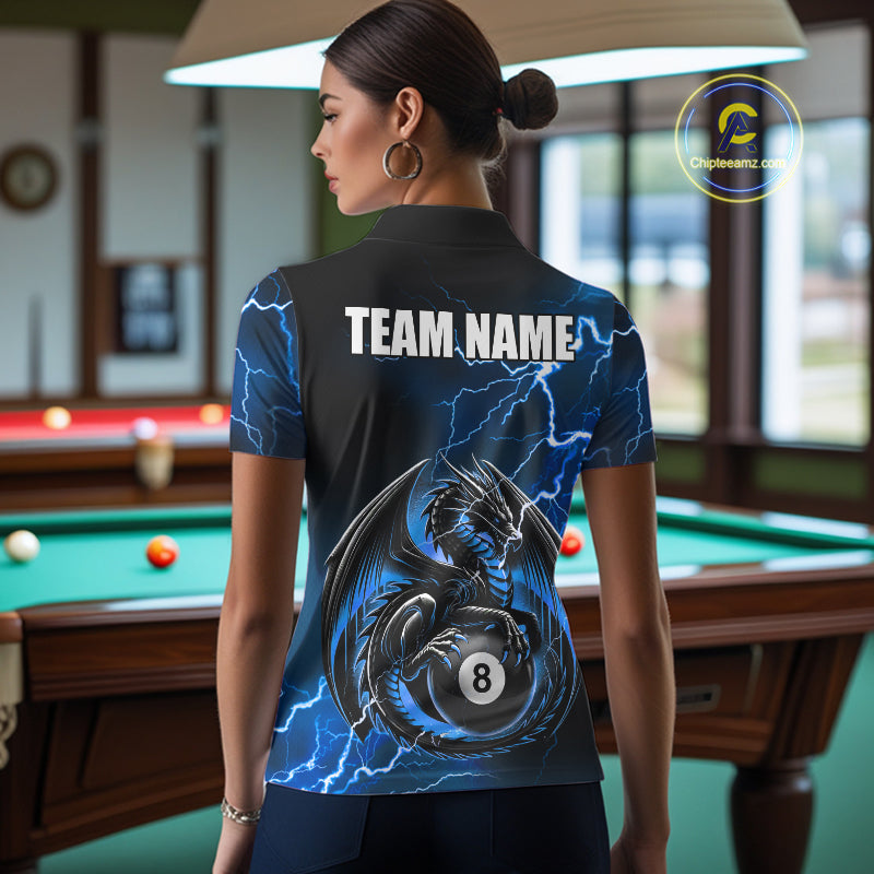 Back view of woman wearing a blue thunder lightning dragon 8 ball pool shirt in a billiards hall.