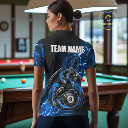 Back view of woman wearing a blue thunder lightning dragon 8 ball pool shirt in a billiards hall.