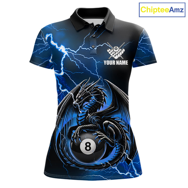 Blue thunder lightning dragon 8 ball billiard polo shirt for women with custom pool team graphics.