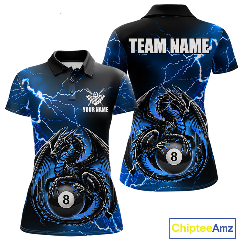Blue thunder lightning dragon 8 ball billiard polo shirt for women with custom pool team graphics.