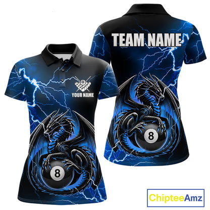 Blue thunder lightning dragon 8 ball billiard polo shirt for women with custom pool team graphics.